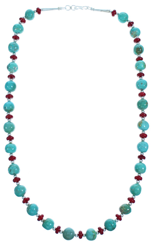 Turquoise and Coral Sterling Silver Southwest Bead Necklace DX117801
